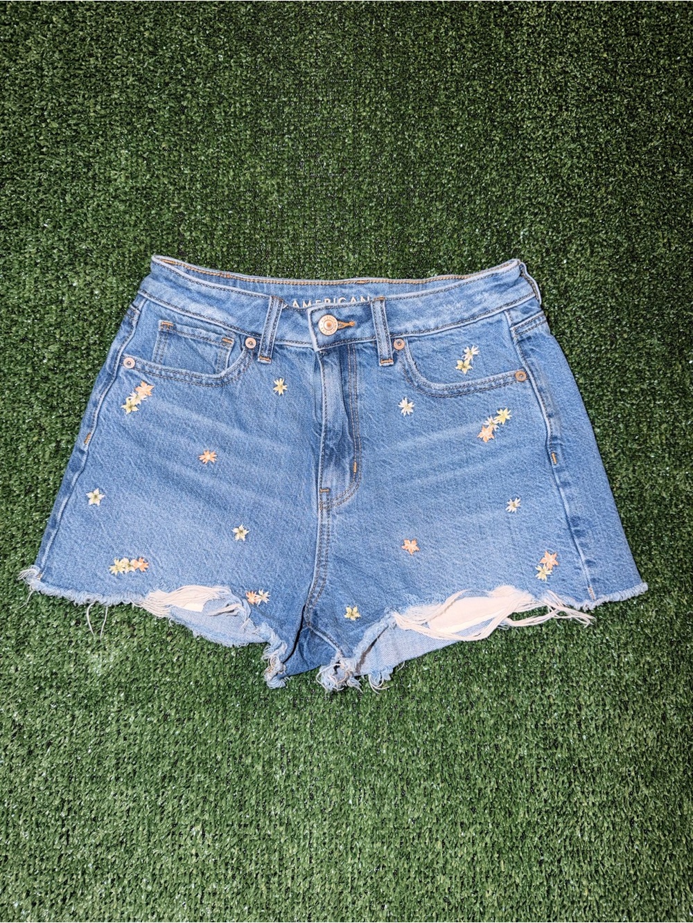 American Eagle Outfitters Light Blue Embroidered Daisy Denim Shorts Sz 0
